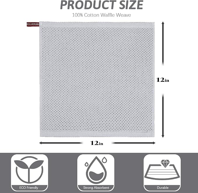 Nialnant 100% Cotton Cleaning Rags,6 Pack Waffle Weave Dish Cloths,Super Absorbent Dish Rags for Washing Dishes-Light Grey,12x12 Inch