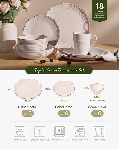 Famiware Jupiter 12-Piece Stoneware Dinnerware Set, Handcrafted Plates and Bowls with Speckles & Embossed Swirls, Chip/Scratch Resistant, Microwave/Dishwasher Safe, Modern Dishes, Service for 4, Pink