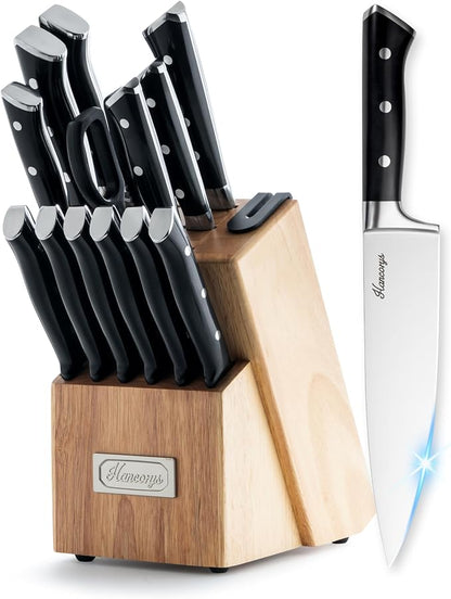 Knife Block Set, 15 Pcs Kitchen Knife Set, Enduring Ultra Sharp High Carbon German Stainless Steel Chef Knives Set with Built-In Sharpener, Full Tang Ergonomic Handle, Black
