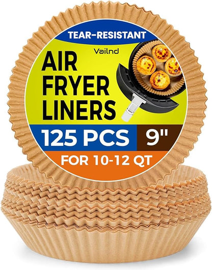 Vailnd 9inch Round Air Fryer Liners Disposable, 125PCS Non-Stick Parchment Paper Liners, Oil Resistant, Waterproof, Food Grade Baking Paper for 10-12 QT Air Fryer Microwave