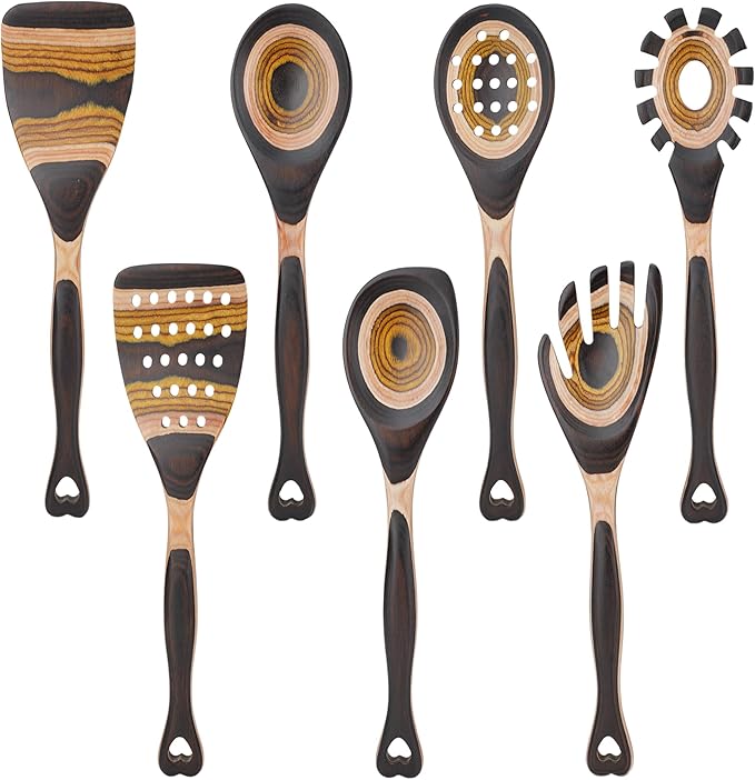 7PCS Pakkawood Kitchen Utensil Set | Heart-Shaped Wooden Spoons for Cooking | Heat-Resistant Wooden Spoons | Kitchen Essential Gift | Tuscan Brown