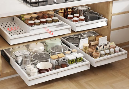 Seinloes Pull Out Cabinet Organizer, 4-Side Expandable to Fit Most Cabinets, 3 Rail Slide Out Drawers with Raising Pad for Framed & Frameless Cabinets, 13"-21" W x 17"-24" D, White, 4 Pack