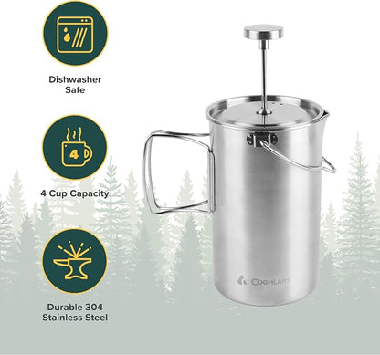 Coghlan's Stainless Steel French Press Coffee Maker – 4-Cup (32 oz), Campfire & Stovetop Safe, Portable & Durable – Fine Mesh Filter, Folding Handle, Dishwasher Safe – For Camping, Travel, or Home