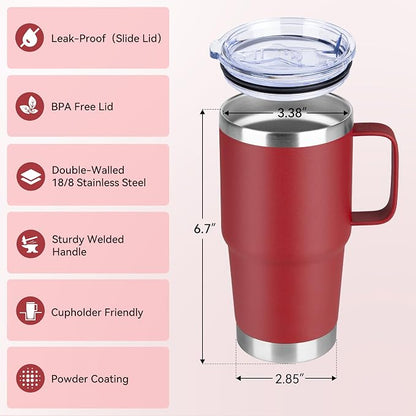 20oz Tumbler Bulk with Lid, Stainless Steel Tumbler Bulk with Handle, Metal Insulated Travel Coffee Mug Set with Handle, Double Wall Vacuum Leak Proof Tumbler Cup, Red 12 Pack