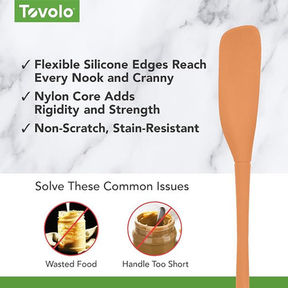 Tovolo Silicone Jar Spatula Long Handled Rubber Scraping Scooping Tool for Peanut Butter Jam Jelly Jars Blenders, Extra Long Flex Core Silicone Jar Scraper Dishwasher Safe BPA Free, Apricot Orange