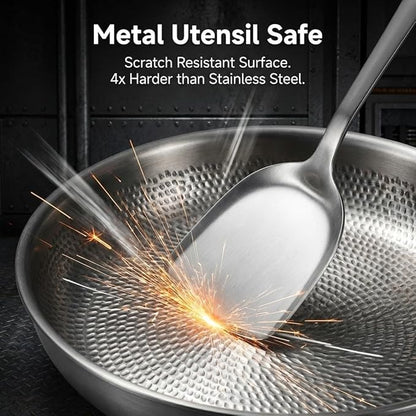 Titanium Frying Pan with Lid, 11.8" Uncoated Hammered Skillet for Cooking, PFAS/PFOA/PTFE Free Nonstick Cookware, Scratch Resistant, for Induction & Gas, Oven, Dishwasher Safe