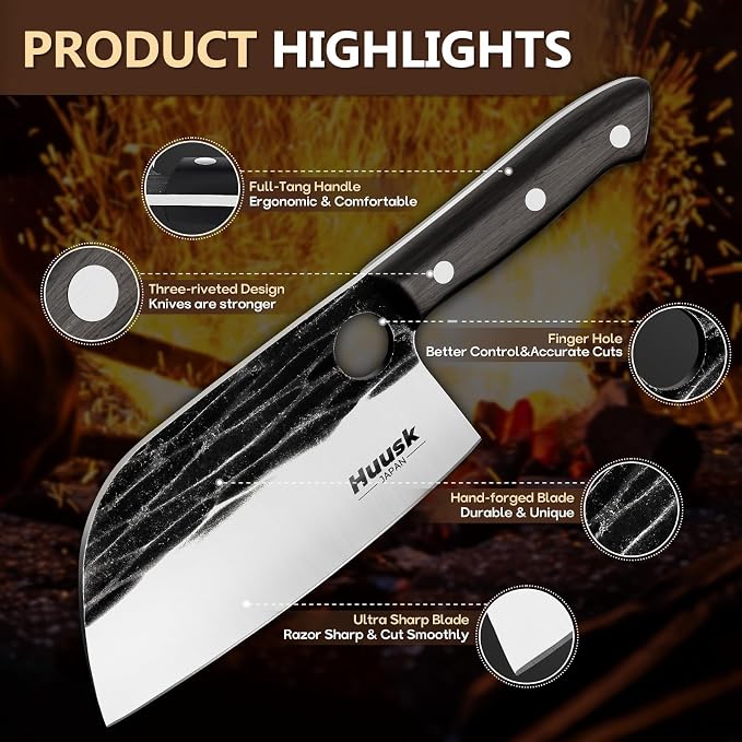 Huusk Serbian Chef Knife Hand Forged Meat Cleaver with Sheath High Carbon Steel Full Tang Knife Heavy Duty Butcher Knife for Kitchen or Camping Outdoor Christmas Gift for Men and Women