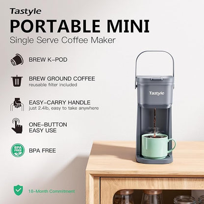 Tastyle K302 Single Serve One Cup Coffee Maker, for K Cups and Grounds, Mini Coffee Maker with Portable Handle, 6 to 12 Oz Brew Size, for Travel, Camping, Office, RV and Dorm, 120V, Cool Gray