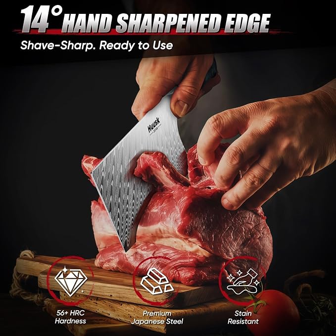 Huusk Stainless Meat Cleaver Knife 7" - Butcher Knife for Meat Cutting with Resin Handle, Heavy Duty Vegetable Chopping Knives with Full Tang Blade, Japanese High Carbon Steel, Gift Idea for Men Women