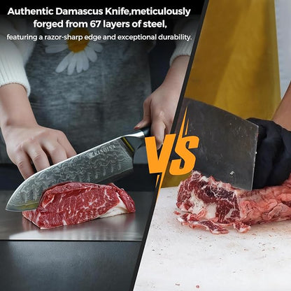 5-Piece Damascus Knife Set - Ultra-Sharp Professional 67-Layer VG10 Core Damascus Chef Knife Set | Includes 8 Inch Chef Knife, Santoku Knife, Kitchen Knife Sharpener, G10 Full Tang Handle