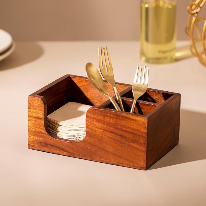 nestroots Silverware, Napkins & Spoon Holder, Acacia Wooden Utensil Caddy, Organizer Countertop, Cutlery Holder for Party, Fork, Knife Organizer (Brown 03)