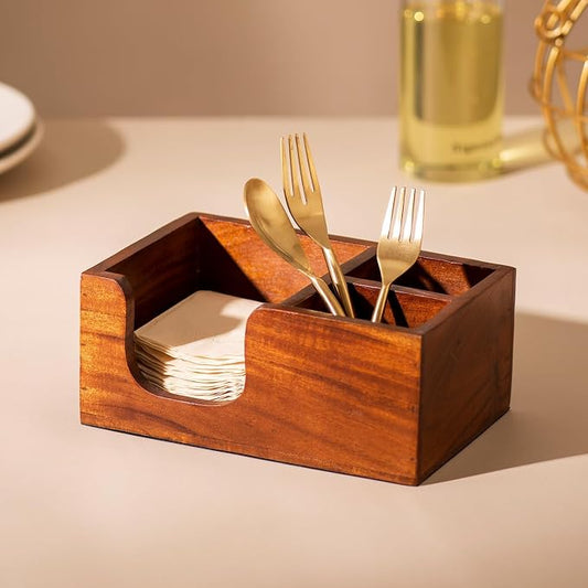 nestroots Silverware, Napkins & Spoon Holder, Acacia Wooden Utensil Caddy, Organizer Countertop, Cutlery Holder for Party, Fork, Knife Organizer (Brown 03)