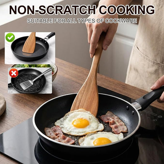 Best Non Toxic Wooden Spatula for Cooking Utensil Set Acacia Wood Spatula Set of 4, Bamboo Cooking Spoon Flat Slotted Turner Spatulas for Kitchen Use Cast Iron Scraper Spurtle Thin Egg Flipper Spatula