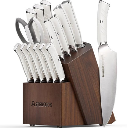 Knife Set, Astercook Kitchen Knife Set with Block, 15 Pcs Luxurious High Carbon German Stainless Steel Knives Set with Full Tang Ergonomic Handle, Dishwasher Safe Knife Set with Sharpening Rod, White