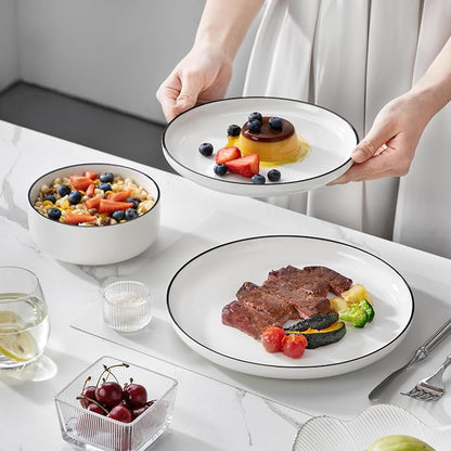 MALACASA Plates and Bowls Sets, 24 Pieces Modern Porcelain Dinnerware Set for 8 White Kitchen Dinner Dining Ware Set wtih Black Rim Ceramic Dishware Dishes Microwave and Dishwasher Safe, Series LUNA