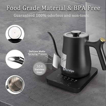 Gooseneck Electric Kettle,Ulcreigo Electric Kettle Temperature Control Tea Kettles for Boiling Water with 5 Variable Presets,Hot Water Boiler Heater for Coffee,304 Stainless Steel Black Color