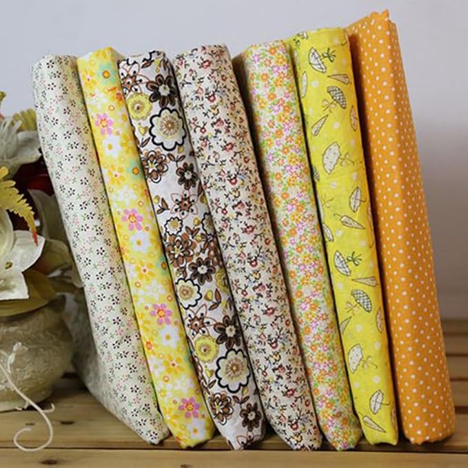 7Pcs Square Shape, Flower, Striped, Polka Dot Cotton Fabric for Sewing, 25x25cm Cotton Flower Polka Dot Bundle DIY Patchwork Quilt Cloth,Craft and Hobby Fabric (Yellow)