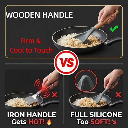 Silicone Cooking Spoon & Spoonula Spatula for Nonstick Cookware, Heat Resistant 600°F Kitchen Utensil, BPA-Free Food-Grade, Solid Wood Handle, Serving Scraping Scooping Stirring （Grey）