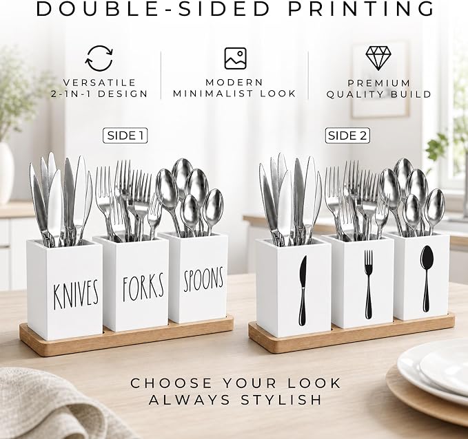 Farmhouse Silverware Holder, Rustic Wood Silverware Caddy with Tray, Spoon Fork Knives Flatware Dispenser, Utensil Countertop Organizer, Plastic Cutlery Holder for Kitchen Party (White)