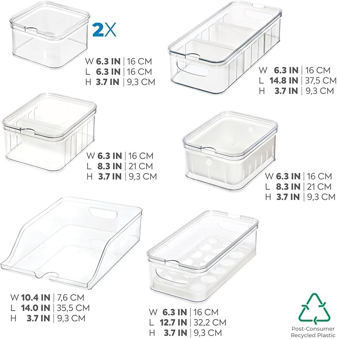 iDesign Crisp 7-Piece Recycled Plastic Refrigerator Organizer Bin Set with Lids, Clear/White