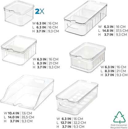 iDesign Crisp 7-Piece Recycled Plastic Refrigerator Organizer Bin Set with Lids, Clear/White