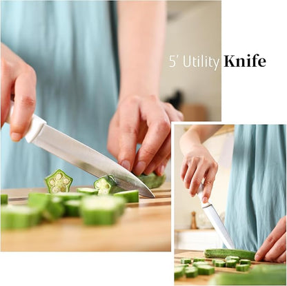 White Knife Set with Block, 7 Pieces Small Knife Block Set with Stainless Steel Blade Ergonomic Handle, Kitchen Knives Set Gifts for Chef