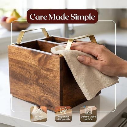 nestroots Silverware, Napkins & Spoon Holder, Teak Wood Utensil Caddy with Stainless Steel Handle, Organizer Countertop, Cutlery Holder for Party, Fork, Knife Organizer