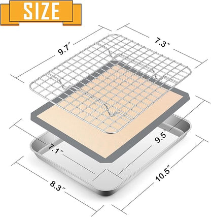 Toaster Oven Baking Sheet Set, E-far 10.5”x8.3” Small Stainless Steel Cookie Sheet Pan with Wire Rack & Silicone Mat for Cooking Broiling, Rimmed Metal Tray Roasting Cooling Bacon Steak