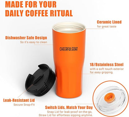 CHEERFUL GOAT Ceramic Lined Coffee Travel Tumbler – Stainless Steel Travel Coffee Tumbler with Ceramic Liner, with lid, 21 OZ Cup for Hot and Cold Water Coffee at Home, Office, or On the Go (Orange)