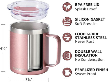 SUNWILL Travel Coffee Mug with Lid, Insulated Tumbler with Handle, 14 oz Stainless Steel Cup for Ice, Water, Tea, Rose Gold