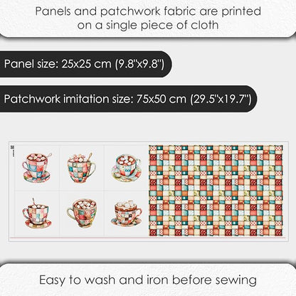Patchwork Hot Cocoa Cotton Fabric Panel – 6 Designs (10×10 inch Each) + Bonus Sheet 29.5×19.6 inch, 100% Cotton 140 GSM, Made in Türkiye