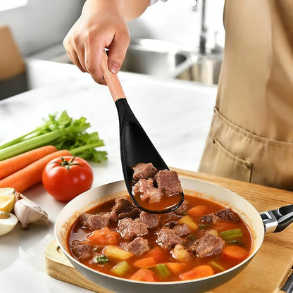 Cooking Spoon 2-Pack: Multi-Function Wood Handle Silicone Spatula Spoon & Rice Scooper for Nonstick Cookware - BPA-Free Heat-Resistant Kitchen Utensils Set for Mixing, Serving, Scooping, Scraping
