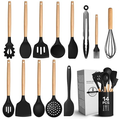 14 PCs Black Silicone Cooking Utensils Set with Holder - Versatile Kitchen Utensils with Sturdy Wooden Handles - Heat Resistance Silicone Kitchen Utensil Set with Holder for All Cooking & Baking Needs