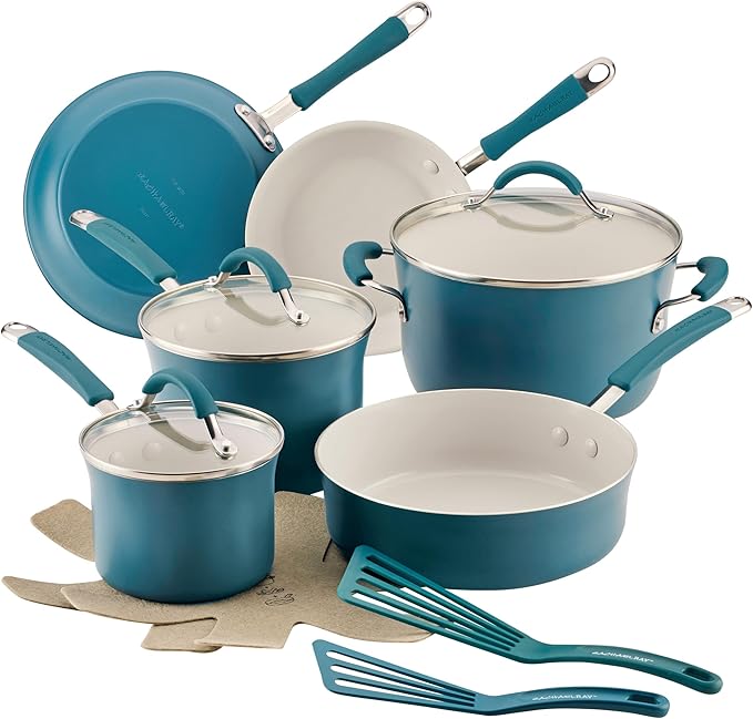 Rachael Ray Cucina Ceramic Nonstick Cookware Pots and Pans Set, 13-Piece, Marine Blue