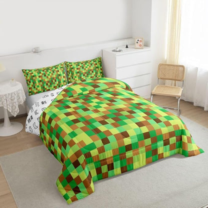 Manfei Pixelated Grid Bedding Set King Size,Geometric Camo Blocks Comforter Set with 2 Pillowcases,Miners Gamepad Games Bed Quilt,Green Brown Quilt Sets Home Decor,Women Men Birthday Gift