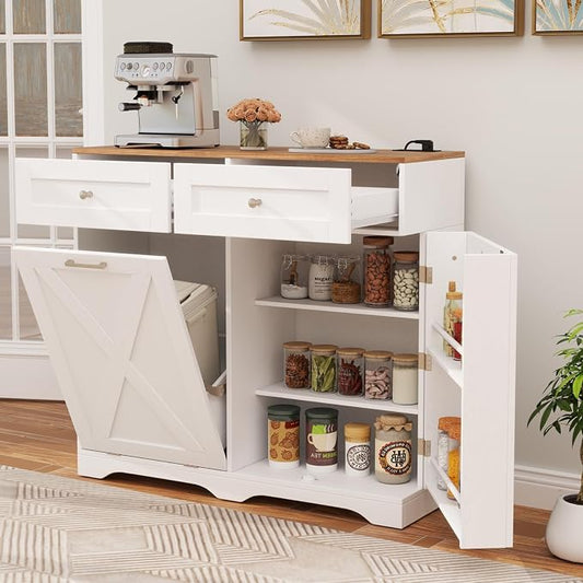 Giantex Tilt Out Trash Can Cabinet 10 Gallon, Kitchen Island with Power Outlet, 2 Drawers, Adjustable Shelves, Hidden Storage Garbage Bin Cabinet for Laundry Room Dining Room (White+Walnut)