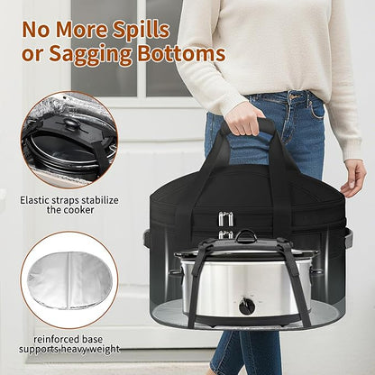 DEEGO Carrying Bag for Crock-Pot 6-8 Quart, 2-Layer Insulated Portable Slow Cooker Bags with Support Pad, Lid Fasten Straps & Easy-Clean Liner, for Family Gatherings Potlucks, Gifts for Women