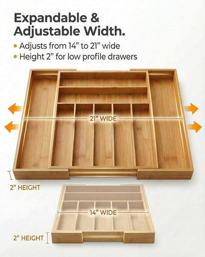Expandable Bamboo Silverware Drawer Organizer – Adjustable 21" Wide Wooden Utensil Tray with 9-Compartments, Large Kitchen Flatware & Spoon Holder, Natural Solid Wood for Drawers