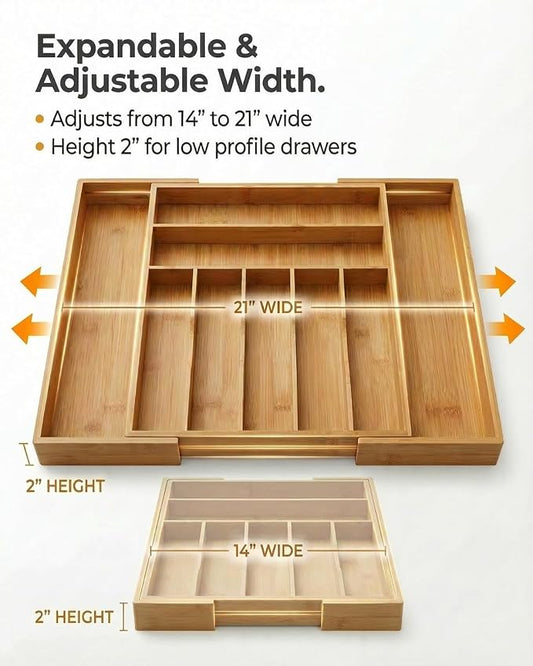 Expandable Bamboo Silverware Drawer Organizer – Adjustable 21" Wide Wooden Utensil Tray with 9-Compartments, Large Kitchen Flatware & Spoon Holder, Natural Solid Wood for Drawers