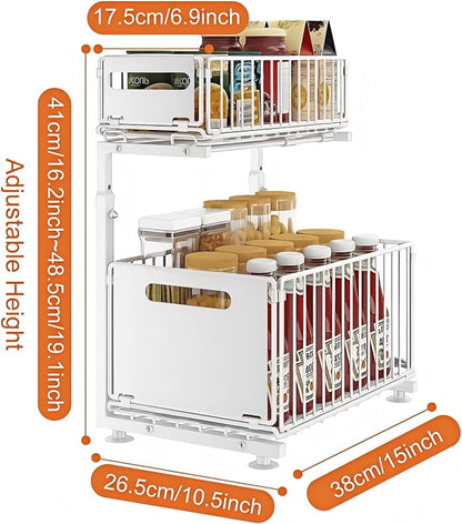 Under Sink Organizer, 2-Tier Multi-Use Kitchen and Bathroom Organizers and Storage, Slide Out Thickened Metal Under The Sink Organizer for Kitchen Bathroom Pantry (Style B White, 1 Pack)