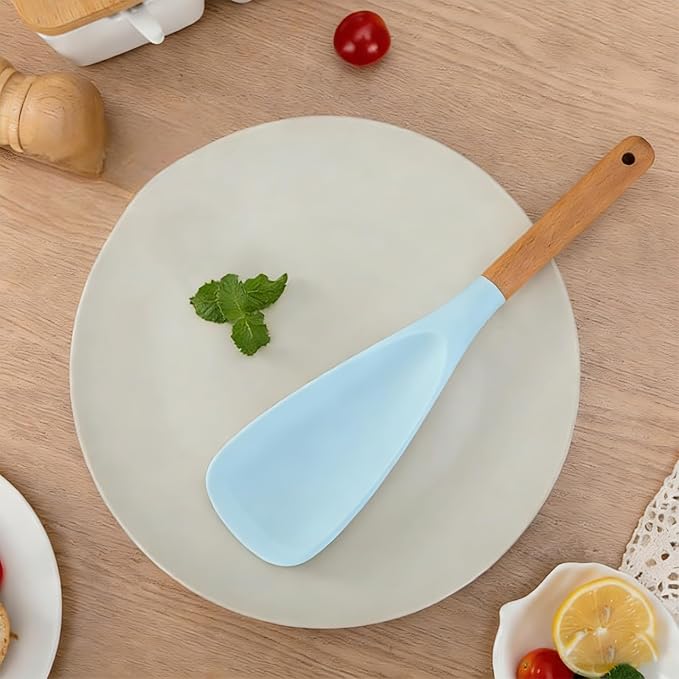 2 Pcs Wooden Handle Silicone Cooking Spoon Set for Nonstick Cookware Cooking, Baking, Stirring ，BPA-Free Heat-Resistant Spatula for Mixing, Flipping, Scraping (2 Pcs Blue)