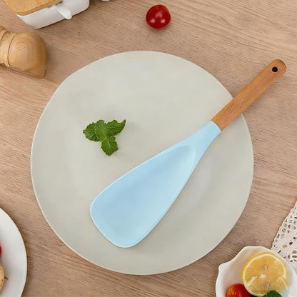 2 Pcs Wooden Handle Silicone Cooking Spoon Set for Nonstick Cookware Cooking, Baking, Stirring ，BPA-Free Heat-Resistant Spatula for Mixing, Flipping, Scraping (2 Pcs Blue)