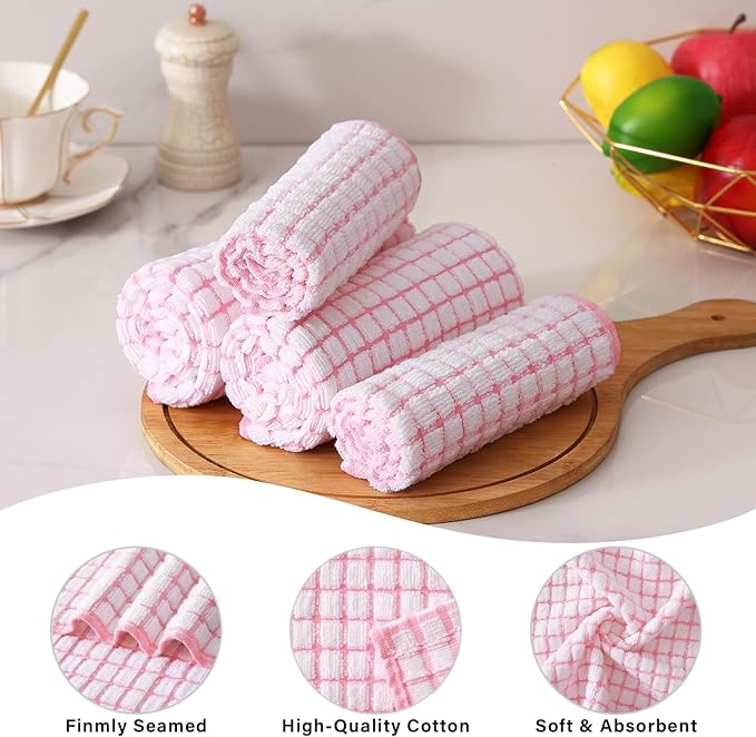 Homaxy Kitchen Towels and Dishcloths Set, 16 x 25 and 12 x 12 Inches, Set of 12 Cotton Terry Kitchen Dish Towels, Super Soft and Absorbent Dish Cloths, Pink