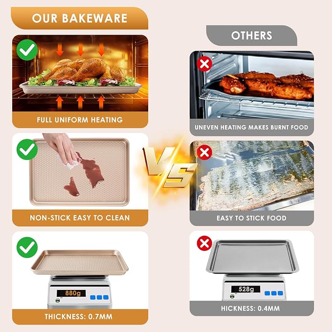 Baking Sheet Pan Set of 3, Nonstick Carbon Steel Cookie Sheets with Texture, Commercial Half/Quarter/Jelly Roll Pans Replacement Toaster Oven Tray, Heavy Duty & Easy Clean, Rose Gold