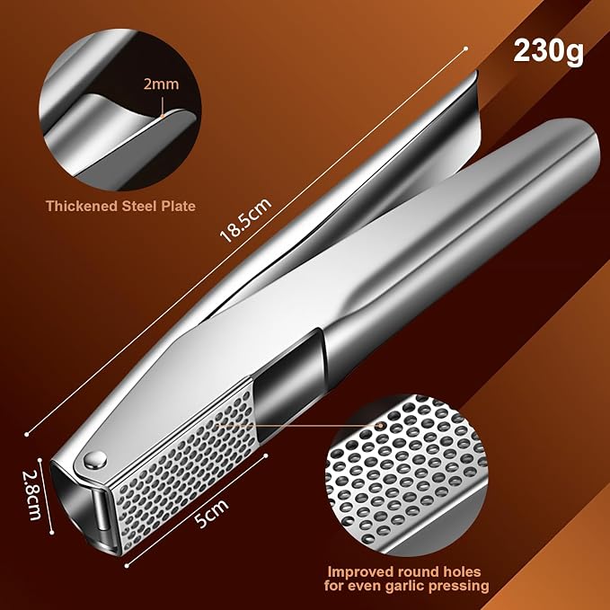 Garlic Press Stainless Steel, Garlic Crusher, Easy-Clean | 304 stainless steel, no peeling, ergonomic handles, dishwasher safe, 5 cm chamber