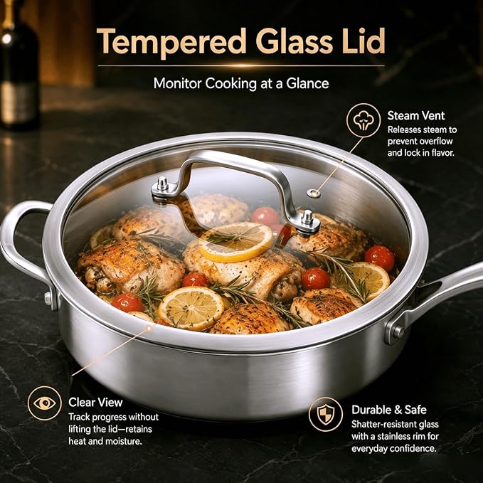 DELARLO Tri-Ply Stainless Steel Frying Pan,12 inch Skillet with Lid,6 Quart Saute Pan,Compatible with All Cooktops,Oven Up to 660℉,Chicken Fryer,Dishwasher-Friendly