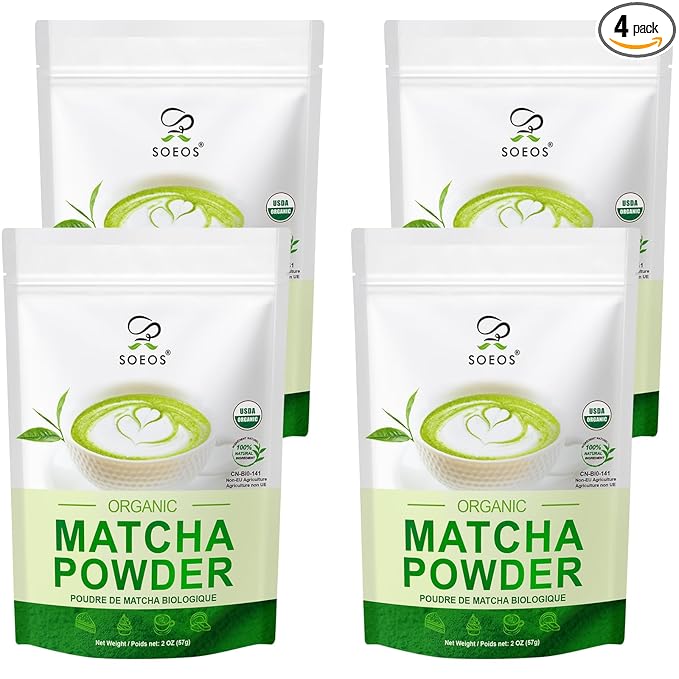 Soeos Organic Matcha Powder, Matcha Green Tea Powder, 2 oz (4 Pack), Total 8 oz, Antioxidant-Rich Matcha Powder for Lattes, Smoothies and Baking, Recyclable Bags
