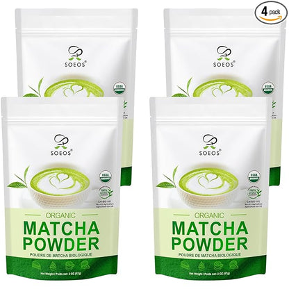 Soeos Organic Matcha Powder, Matcha Green Tea Powder, 2 oz (4 Pack), Total 8 oz, Antioxidant-Rich Matcha Powder for Lattes, Smoothies and Baking, Recyclable Bags