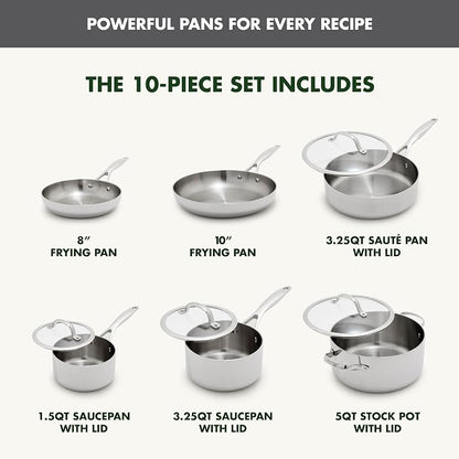 GreenPan Valencia Pro Tri-Ply Stainless Steel 10 Piece Cookware Set, Induction Ready Pots & Pans, Mirror Finish, Dishwasher & Oven/Broiler Safe to 600F, Compatible with All Cooktops