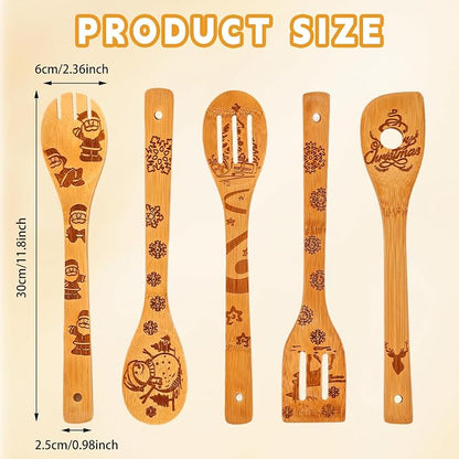 Wooden Utensil Set, Bamboo Utensils 5 pcs Wood Spoons for Cooking, Easy to Clean, Sturdy, Lightweight & Heat Resistant White Elephant Gift